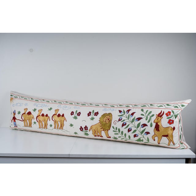 Mid-Century Modern Tashkent Suzani Animal Pictorial Bedding Pillow Case Made From a 19th Century Suzani For Sale - Image 3 of 5