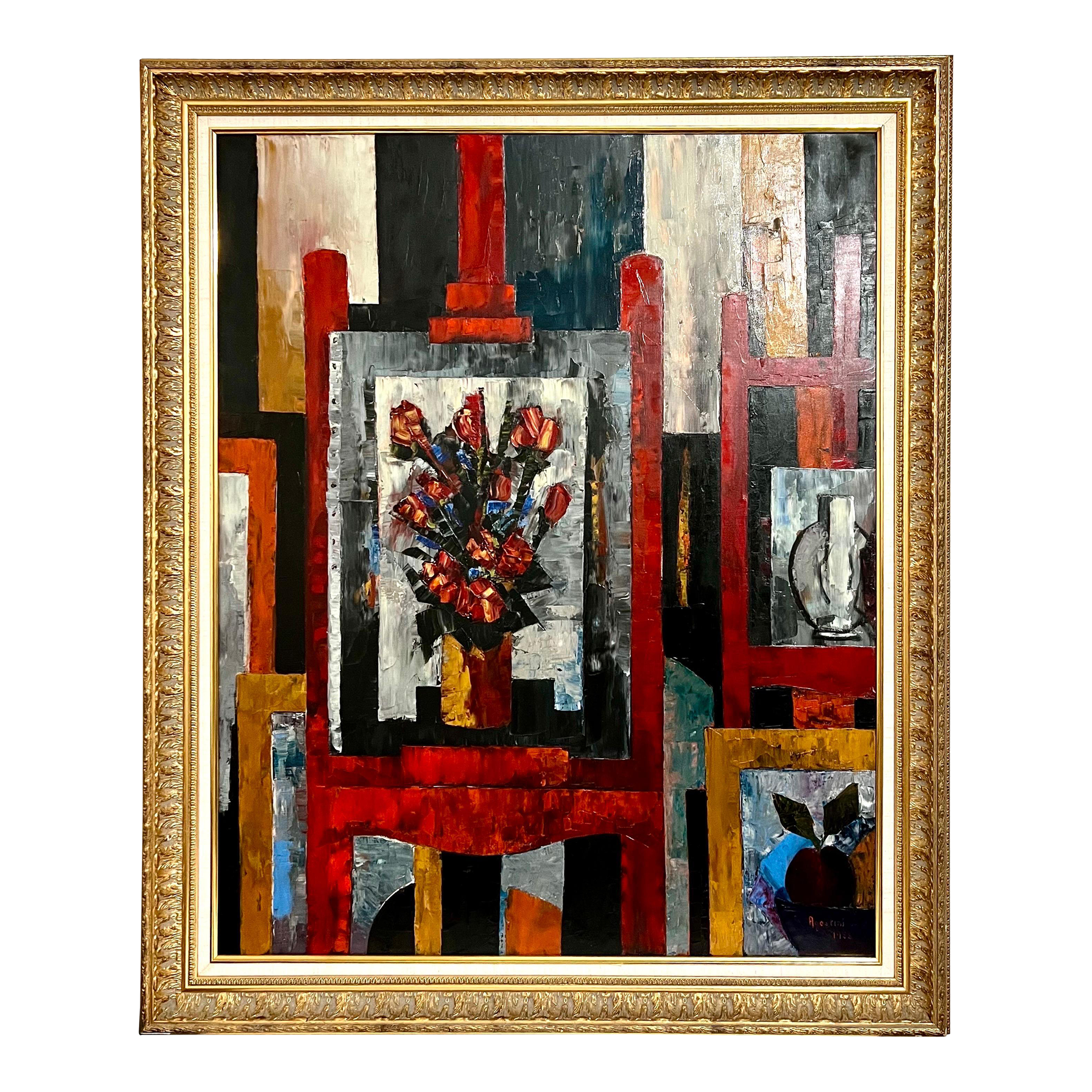 トニー・アゴステニ Tony Agostini 「アトリエノ隅」　油彩 フランス Tony Agostini, Large Modernist Colorful Atelier French