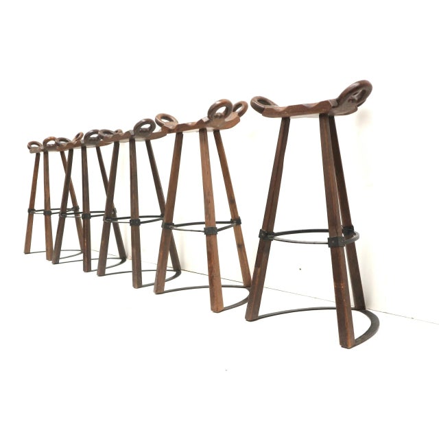 Wood Vintage Spanish Brutalist Marbella Stools from Confonorm, 1970s, Set of 5 For Sale - Image 7 of 8