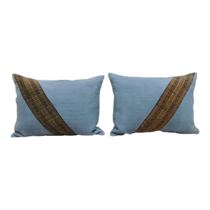 Vintage Blue and Orange Asian Bolster Decorative Pillows- a Pair