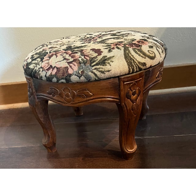 Vintage Carved Wood Footstool With Floral Tapestry Upholstery For Sale - Image 4 of 12