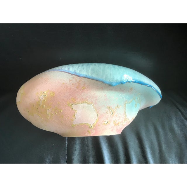 Mid-Century Modern 1970s Large Studio Bowl in Hues of Cream, Turquise Blue & Coral Watercolor For Sale - Image 3 of 6