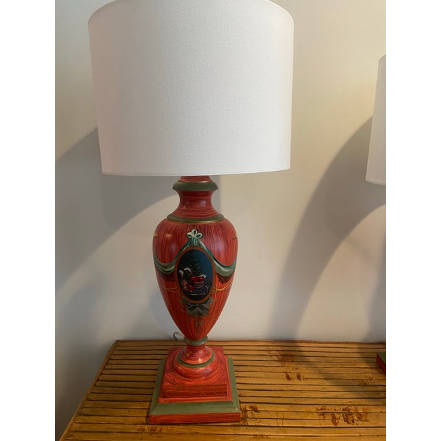 Farmhouse Vintage Hand Painted Red Lamps - a Pair For Sale - Image 3 of 12