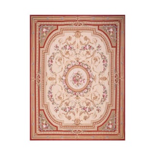 French Style Ivory & Red Needlepoint Area Rug 8' X 10' For Sale