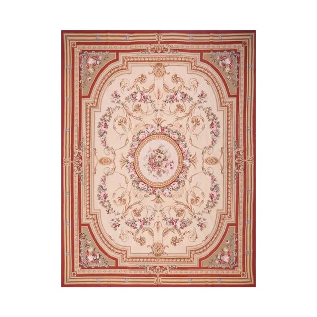 French Style Ivory & Red Needlepoint Area Rug 8' X 10' For Sale
