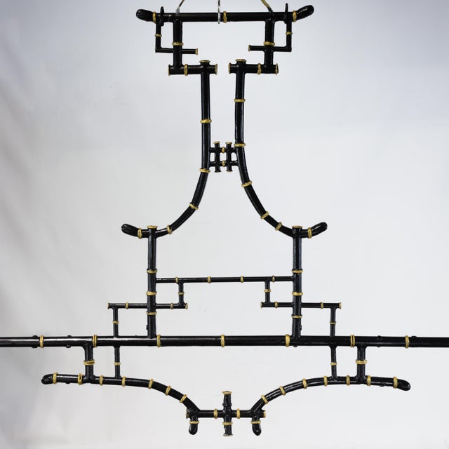 Chinoiserie Vintage Chinoiserie Faux Bamboo Pagoda Chandelier Black and Gold Linear Island Pendant Light For Sale - Image 3 of 14