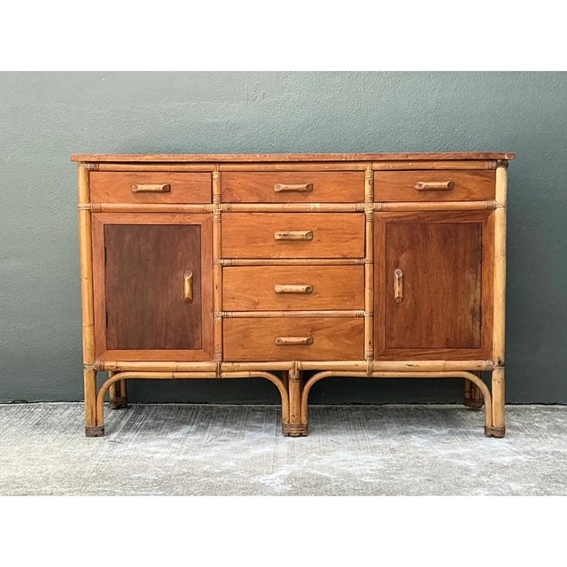 Vintage MCM Bamboo and Wood Credenza For Sale - Image 11 of 12