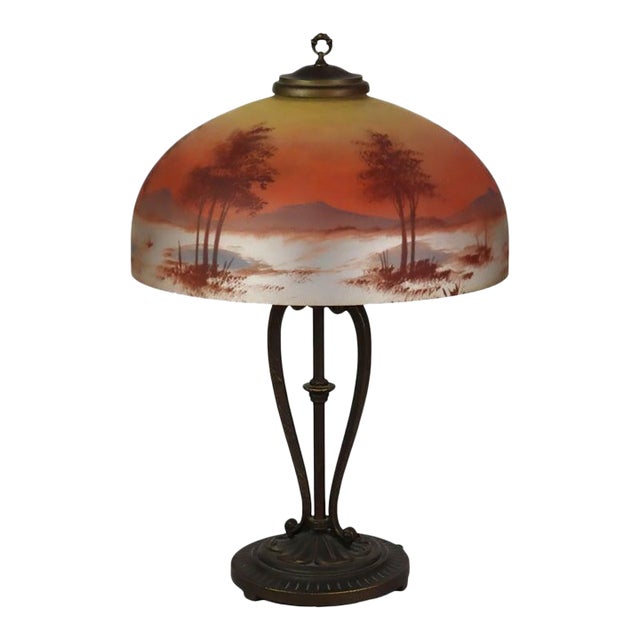 Antique Attributed to Handel Co. School Reverse Painted Scenic Table Lamp C1920 For Sale