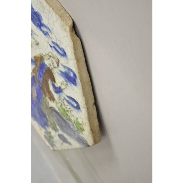 Blue Early 1900s Antique Persian Iznik Qajar Style Ceramic Pottery Tile Hexagonal Blue Couple C5 For Sale - Image 8 of 11