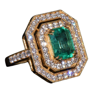 Certified Natural 3.4cts vs F Diamond Emerald 18k Solid Gold Cocktail Milgrain Ring, Size 6.5