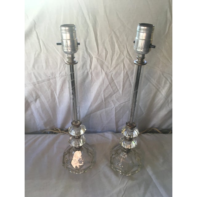 Transparent Mid Century Etched Glass Crystal Table Lamp - a Pair For Sale - Image 8 of 8