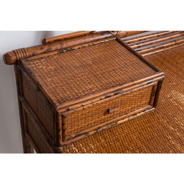 Pagoda Writing Desk British Colonial Style Rattan & Grasscloth For Sale - Image 9 of 10