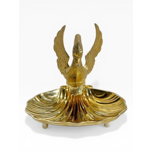 Elegant pair of vintage brass-plated swan and shell soap dishes, beautifully crafted in the glamorous Hollywood Regency...