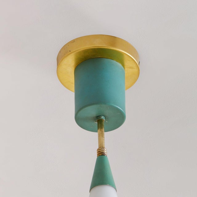 1950s 1950s Mid-Century Modern Brass + Opaline Glass Pendant in the Manner of Stilnovo For Sale - Image 5 of 11