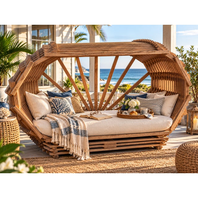 1970s Sculptural Slatted Wood Cocoon Daybed With Architectural Oval Frame For Sale - Image 14 of 17