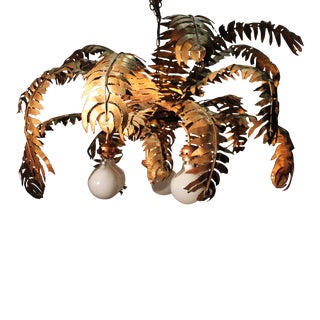 1970's French MCM Brutalist Cut Brass Palm Tree Chandelier by Maison Jansen Provenance Club Castell France For Sale