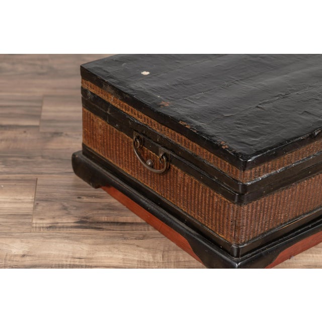 Early 20th Century Chinese 1900s Wooden Treasure Chest With Rattan Accents and Dark Brass Hardware For Sale - Image 5 of 13