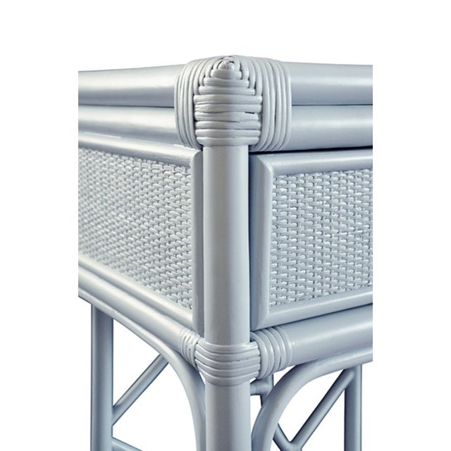 Matthew Izzo Home Gideon Light Blue Painted Rattan Two Drawer Console With Decorative Back and Polished Brass Hardware For Sale In New York - Image 6 of 10