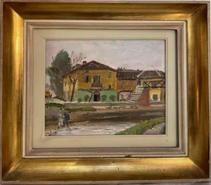 Pietro Virgilio Lietti, Figures Along The Canal, Oil on Panel, Framed