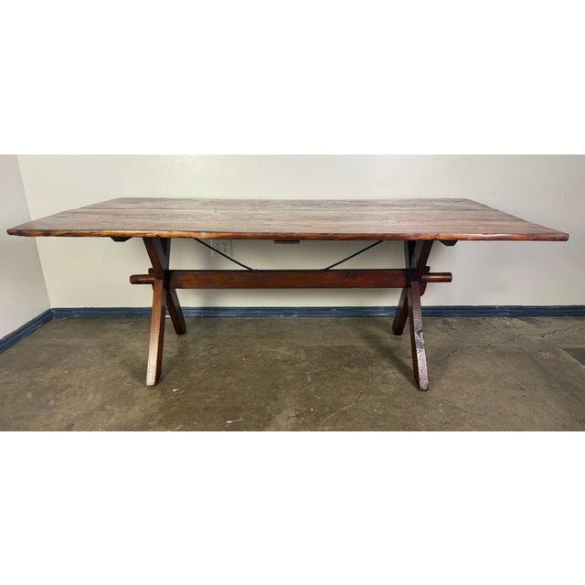 1930s Rustic Trestle Dining Table With Handcrafted Plank Top, Mid-20th Century For Sale - Image 5 of 9