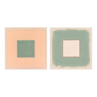Pair of Sage Green, Pale Pink and Peach Abstract Art Prints | Set of 2, 20 X 20 In. Prints, Unframed For Sale