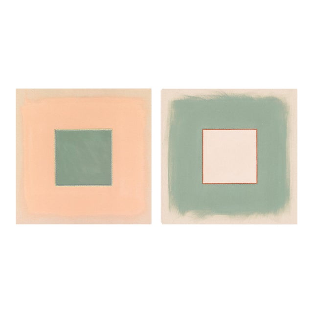 Pair of Sage Green, Pale Pink and Peach Abstract Art Prints | Set of 2, 20 X 20 In. Prints, Unframed For Sale