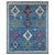 A vivid blue tribal area rug, where twelve stepped medallions in orchid, ivory, sage green and slate violet stack in three...