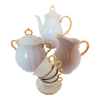 1940s Verbano Laveno Porcelain Demitasse Coffee Pot, Creamer & Sugar, Cups & Saucers, Set of Four For Sale