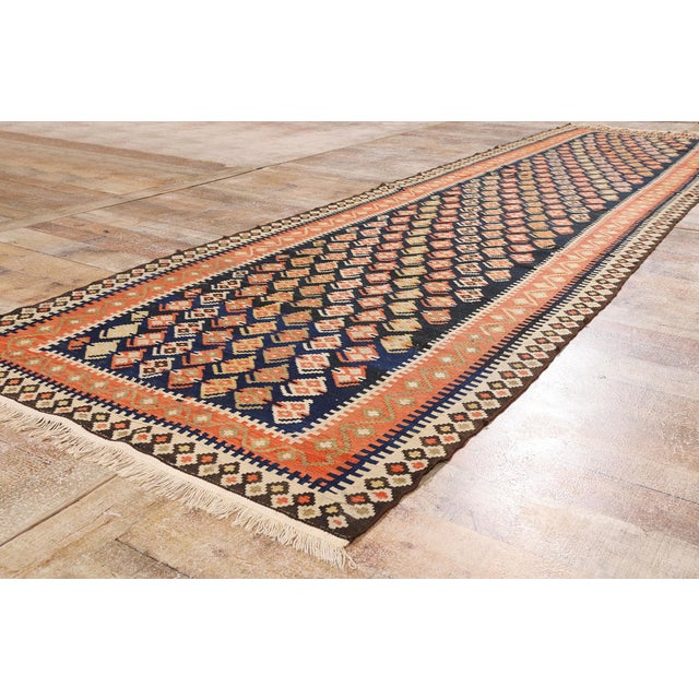 Navy Blue Late 19th Century Persian Bijar Kilim Rug, 03'03 X 12'07 For Sale - Image 8 of 10