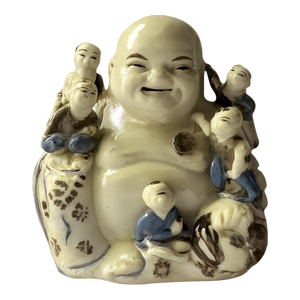Antique Chinese Porcelain Happy Buddha With Children | Handmade | 9½” Tall X 8¾” Wide