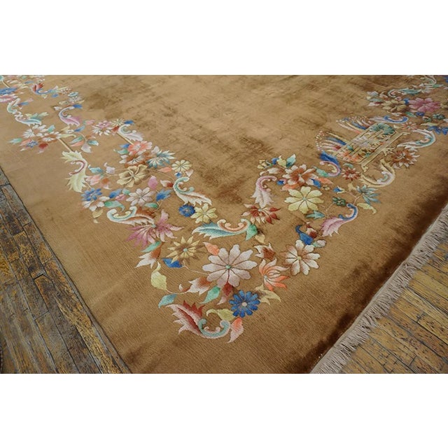 1930s Magnificent Camel Background Color With Exquisite Purple-Rose Flowers Antique Chinese Art Deco Rug For Sale - Image 5 of 6