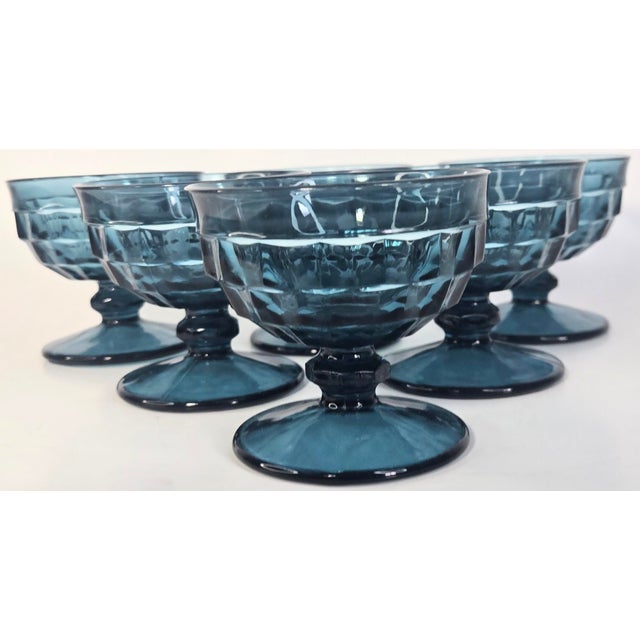 Glass Vintage Aquamarine Honeycomb Champagne Coupes- Set of Six For Sale - Image 7 of 13