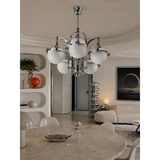 Art Deco Five-Light Chandelier in Chrome and Opaline Glass, 1930s For Sale - Image 4 of 6