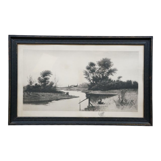 Antique John Octavius Anderson Signed Riverscape With Dock Etching 28" For Sale