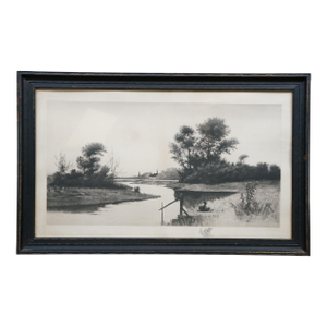 Antique John Octavius Anderson Signed Riverscape With Dock Etching 28"