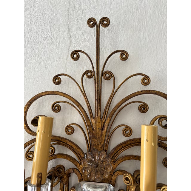Metal Maison Bagues Gold Crystal Flower Urn French Sconces, C 1940 For Sale - Image 7 of 11