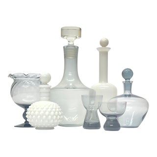 Vintage Cool Grey and White Glass Vessel Curation - Group of 7 For Sale