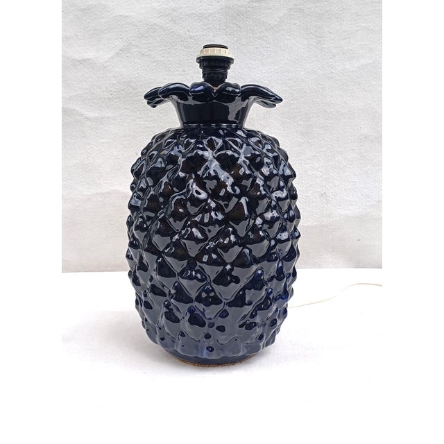 Blue ceramic and brass table lamp in the shape of a pineapple, large original lampshade. Made in Italy in the 70s. Lamp...