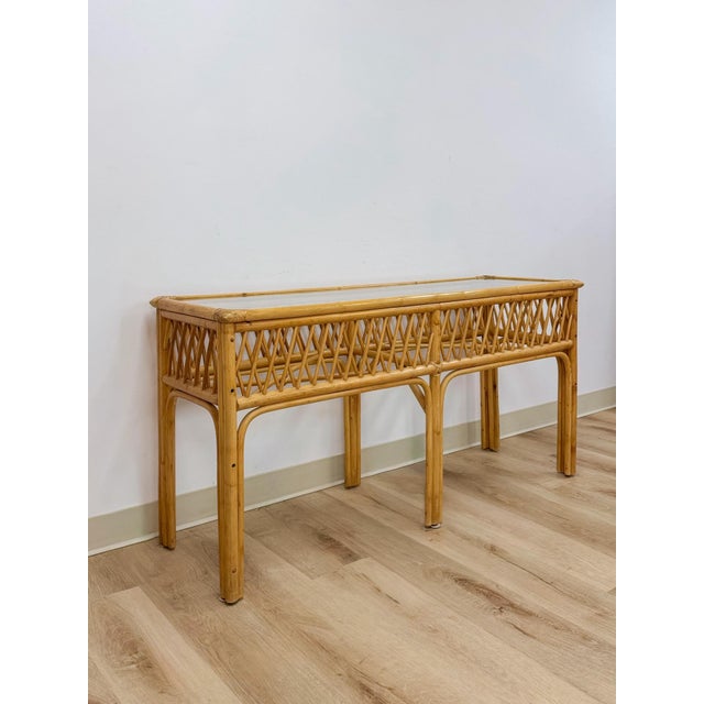 Hollywood Regency Vintage Coastal Wicker Rattan Console Table Woven Lattice Glass Top Beige Boho For Sale - Image 3 of 14