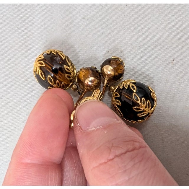 Metal Vintage 1950s Signed Crown Trifari Goldtone Filigree & Faux-Tortoise Dangle Clip Earrings- 2 Pieces For Sale - Image 7 of 7