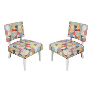 Pair of Art Deco Style Painted and Newly Upholstered Multicolor Strie Patchwork Slipper Chairs For Sale