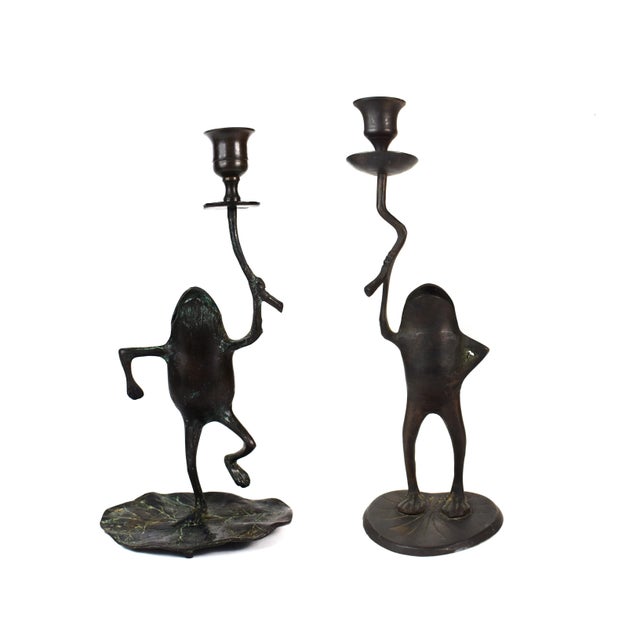 Vintage Bronze Brass Standing Frog Lilli Pad Single Candle Holder