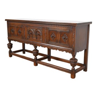 Baker Furniture English Jacobean Ornate Carved Oak Sideboard or Credenza, Circa 1920s For Sale