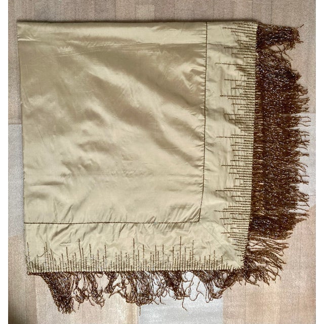 Textile Sethi &Sethi Modern Glam Beaded Fringe Tan Silk Throw Tablecloth For Sale - Image 7 of 7
