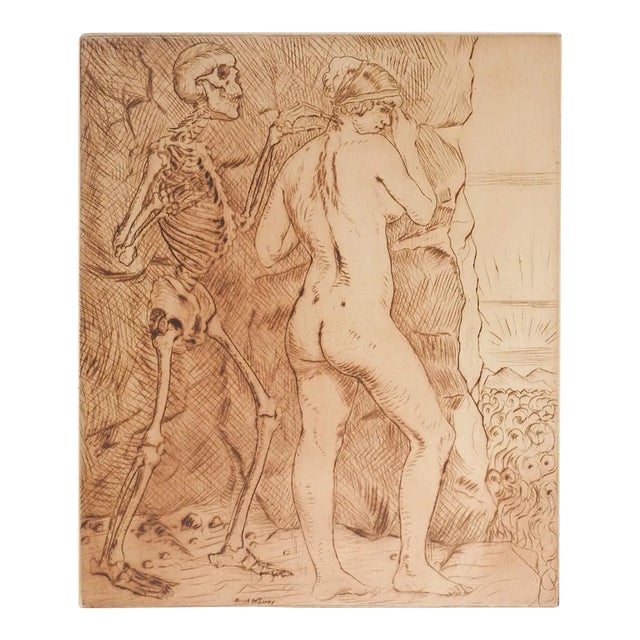Vintage Early 20th Century Skeleton and Nude Etching For Sale