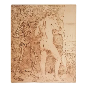 Vintage Early 20th Century Skeleton and Nude Etching