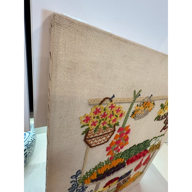 Vintage Nancy Meyers Style Crewel Embroidered Farmers Garden Market Still Life Wall Art For Sale - Image 4 of 14