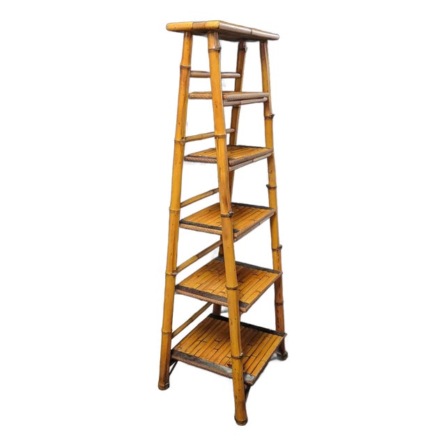 Vintage Bamboo Tall Ladder Style Etagere Display Stand For Sale