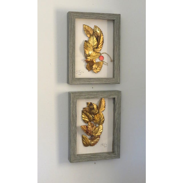 Vintage Italian Patina Gold Leaf Tole Collages, Framed Pair, Mid Century For Sale In Houston - Image 6 of 7