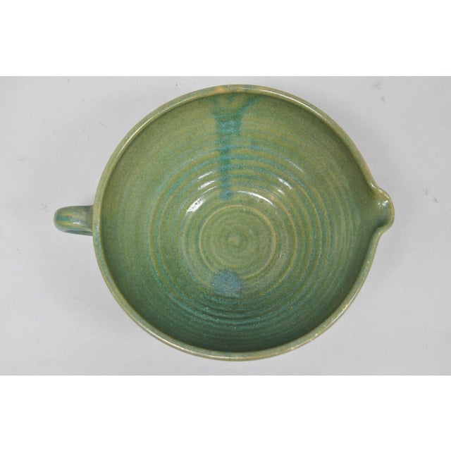 Traditional Vintage Primitive Green Glazed Ceramic Pottery Large Mixing Bowl W Handle For Sale - Image 3 of 18